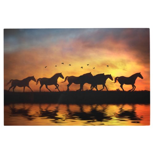 Wild Free Horses in Southwestern Sunset with Pond Metal Print
