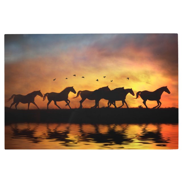 Wild Free Horses in Southwestern Sunset with Pond Metal Print (Front)