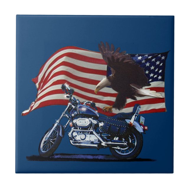 Wild & Free - Patriotic Eagle, Motorbike & US Flag Ceramic Tile (Front)