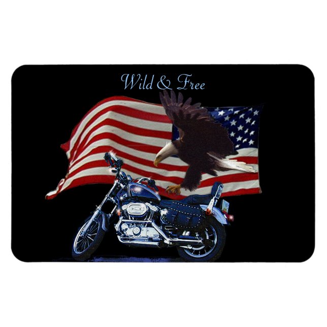 Wild & Free - Patriotic Eagle, Motorbike & US Flag Magnet (Horizontal)