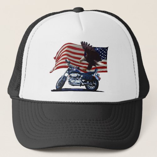 Wild  Free _ Patriotic Eagle Motorbike  US Flag Trucker Hat
