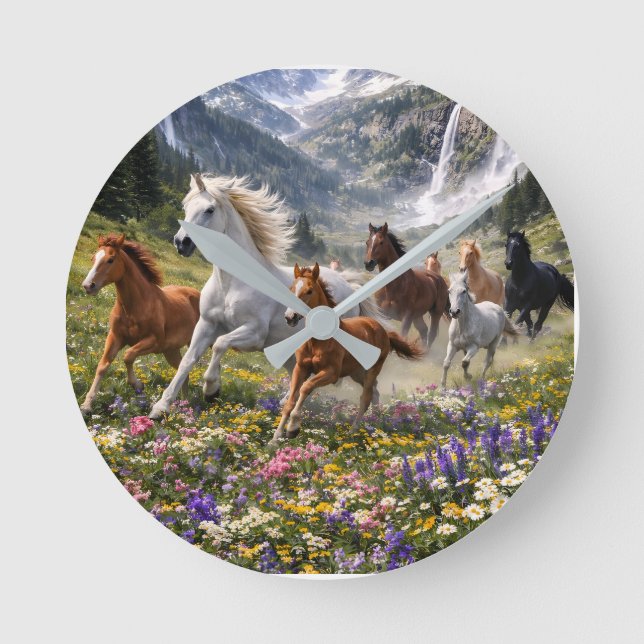 Wild Freedom in Bloom – Running Horses Meadow Round Clock (Front)