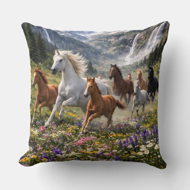 Wild Freedom in Bloom – Running Horses Meadow Throw Pillow (Front)