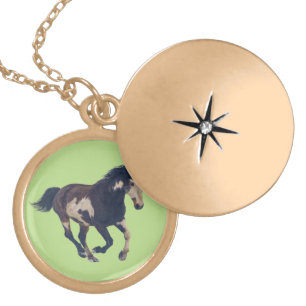 Wild Galloping Pinto American Paint Horse Gold Plated Necklace