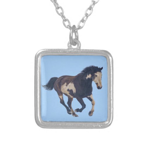 Wild Galloping Pinto American Paint Horse Silver Plated Necklace