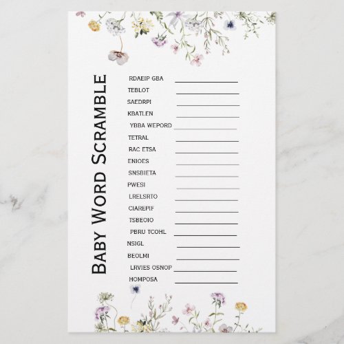 Wild garden blooms Baby Shower Word Scramble 