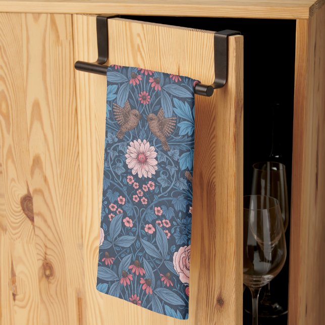 Wild garden in blue kitchen towel (Thirds Fold)