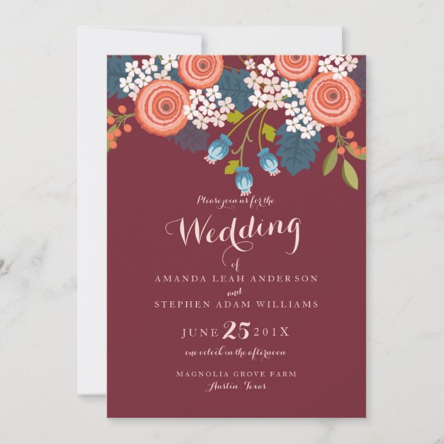 Wild Garden Marsala Floral Wedding Invitation (Front)
