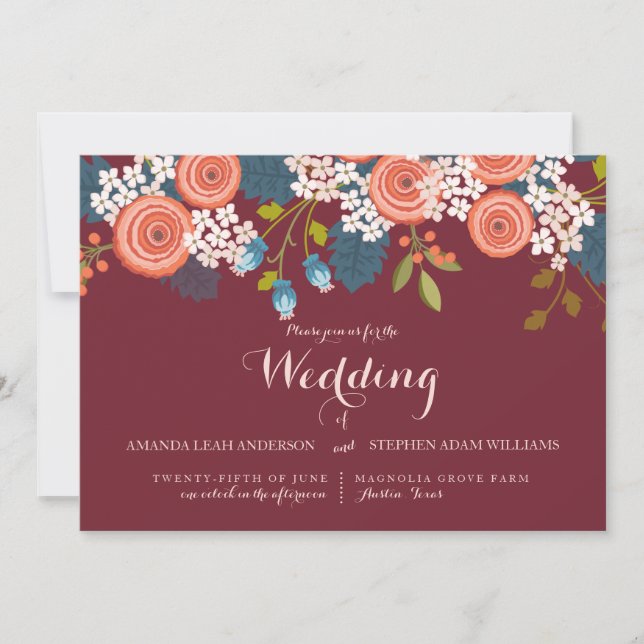 Wild Garden Marsala Floral Wedding Invitation (Front)