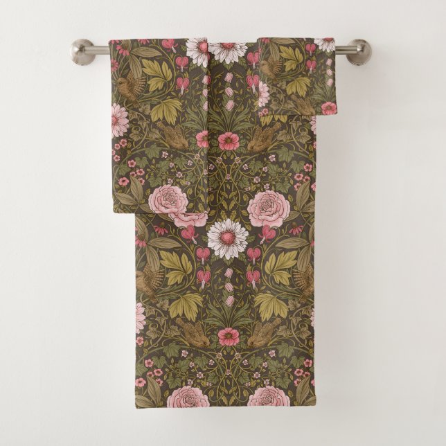 Wild garden on coffee brown bath towel set (Insitu)