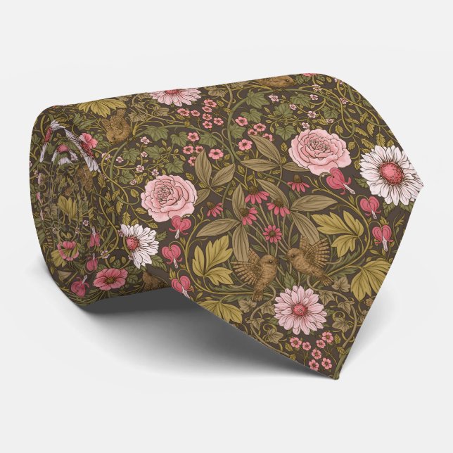 Wild garden on coffee brown neck tie (Rolled)