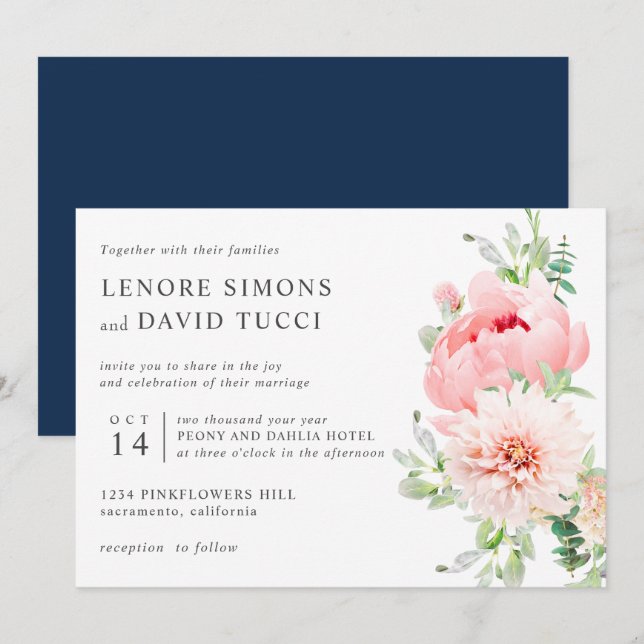 Wild Garden | Pink watercolor botanical wedding Invitation (Front/Back)
