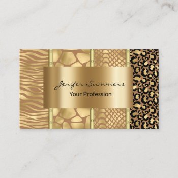 Wild Giraffe Snake Tiger Zebra Gold Mixed Prints Business Card by ColorFlowCreations at Zazzle