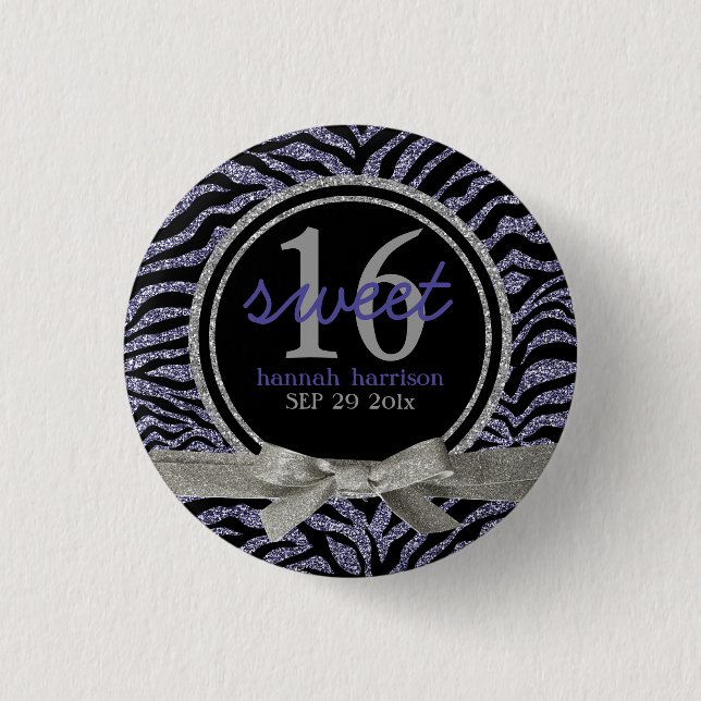 Wild Glitter Look Zebra Sweet 16 Button (Front)