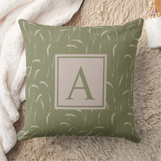 Wild grasses and custom monogram on sage green throw pillow
