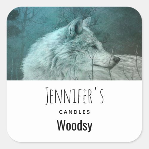 Wild Gray Wolf in a Dark Forest Candle Business Square Sticker