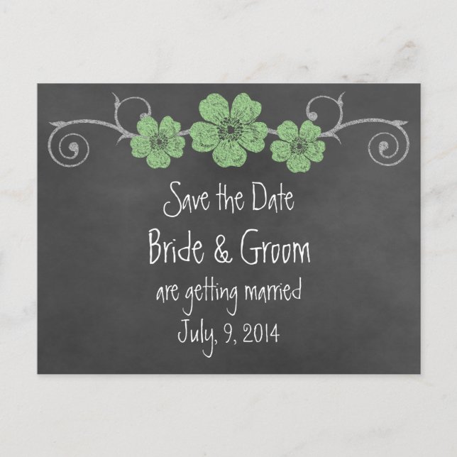 Wild Green Roses Chalkboard Save the Date Postcard (Front)