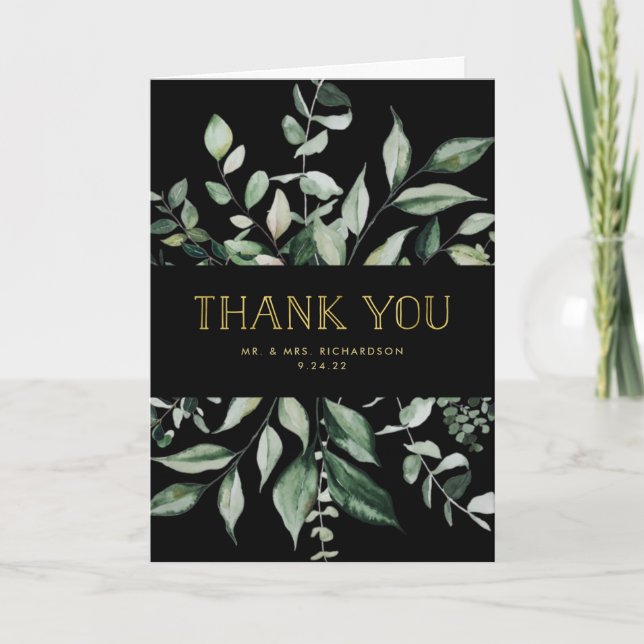 Wild Greenery Black Letterpress Thank You Card (Front)