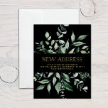 Wild Greenery Black | Moving Announcement Postcard<br><div class="desc">This stylish botanical change of address postcard features a frame of abundant watercolor green leaves on a black background. The words "new address" appear in trendy,  elegant gold text. A gorgeous moving announcement that you'll be proud to send to friends and family.</div>