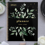 Wild Greenery | Elegant Black  Planner<br><div class="desc">This stylish botanical 2023 planner features a frame of abundant watercolor green leaves on a dark black background with trendy,  elegant gold colored text and accents.</div>