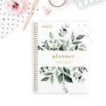 Wild Greenery | Elegant White Planner<br><div class="desc">This stylish botanical 2023 planner features a frame of abundant watercolor green leaves on a simple white background with trendy,  elegant gold colored text and accents.</div>