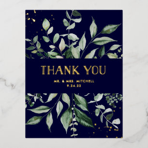 Wild Greenery Navy and Gold Thank You Foil Invitation Postcard