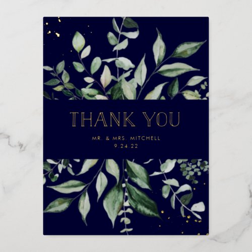 Wild Greenery  Navy and Gold Thank You Foil Invitation Postcard