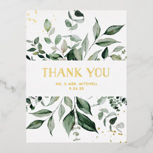 Wild Greenery White and Gold Thank You Foil Invitation Postcard