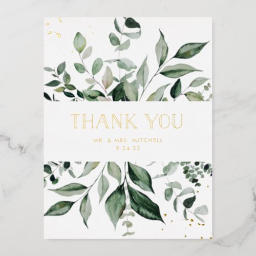 Wild Greenery  White and Gold Thank You Foil Invitation Postcard