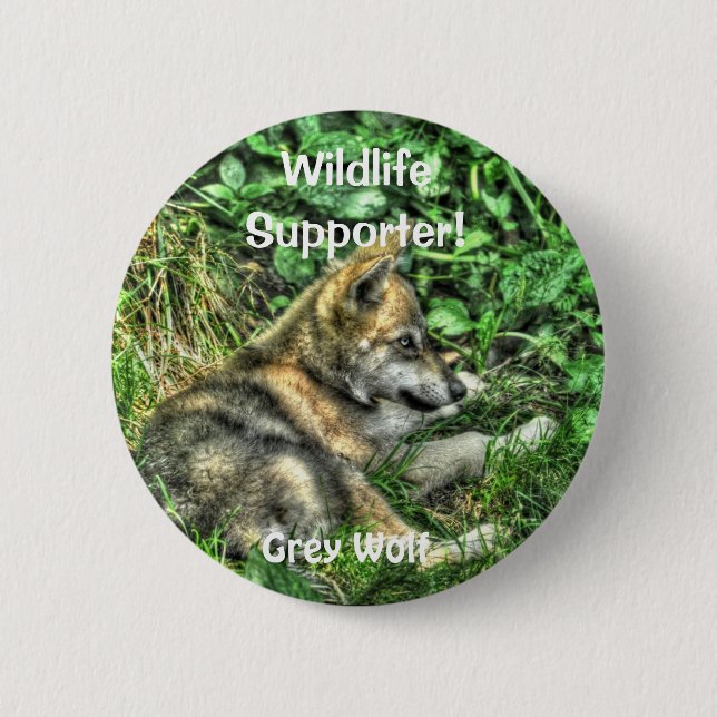 Wild Grey Wolf Cub Animal-lover Design Pinback Button (Front)