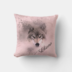 Wild Grey Wolf in Pink Throw Pillow