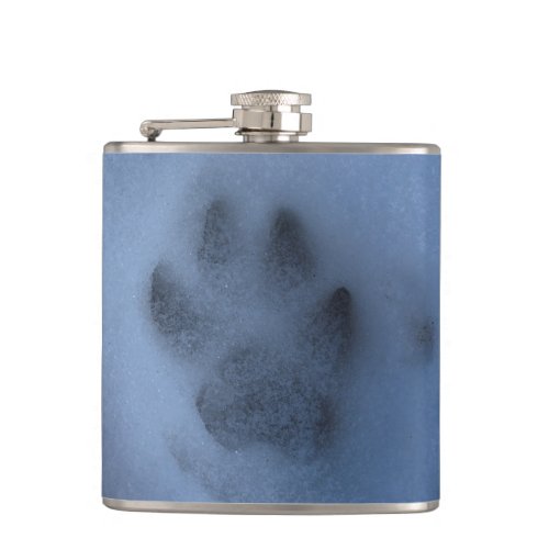 Wild Grey Wolf Paw Print in Winter Snow Flask