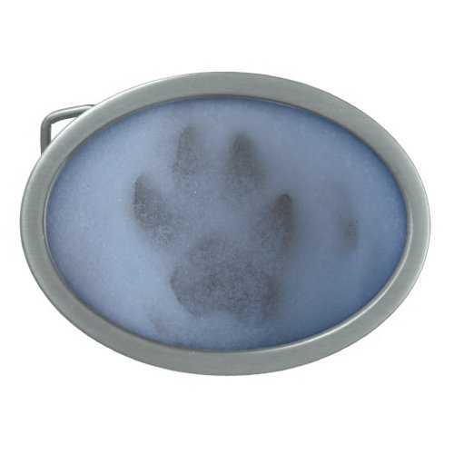 Wild Grey Wolf Paw Print in Winter Snow Oval Belt Buckle