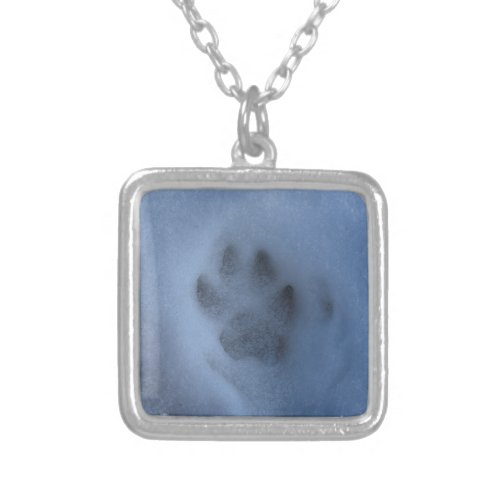 Wild Grey Wolf Paw Print in Winter Snow Silver Plated Necklace