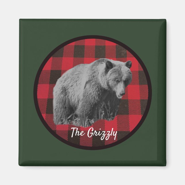 Wild Grizzly Bear Buffalo Plaid Magnet (Front)