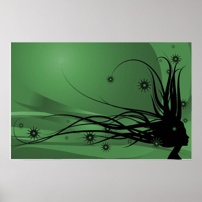 Wild Hair Lady Profile Silhouette - Black & Green Poster (Front)