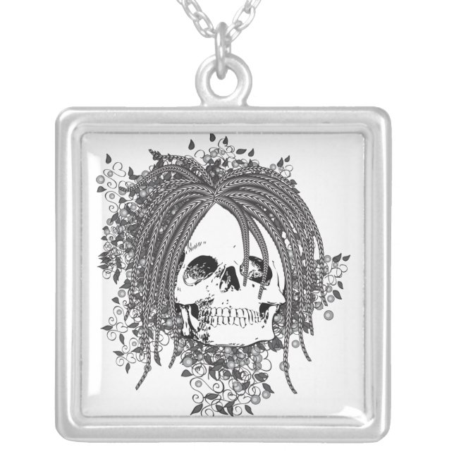 Wild Haired Skull Silver Plated Necklace (Front)