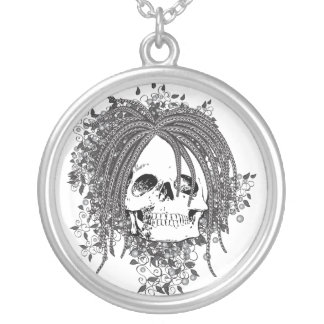 Wild Haired Skull Silver Plated Necklace