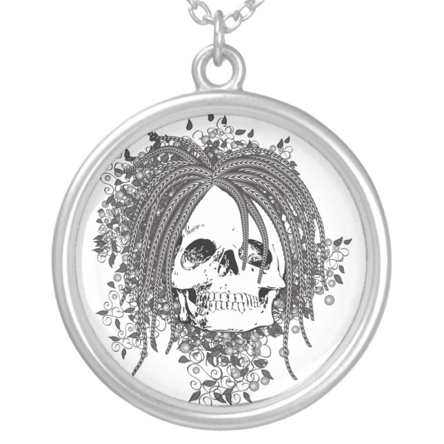 Wild Haired Skull Silver Plated Necklace (Front)