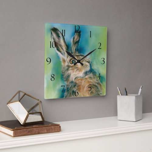 Wild Hare Exuberance Pastel Art Square Wall Clock