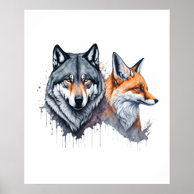 Wild Harmony: Watercolor Wolf and Fox Poster (Front)