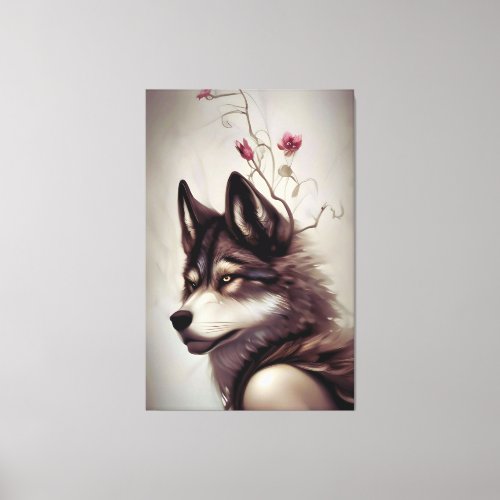 Wild Harmony Wolf_Woman Fusion with Floral Elegan Canvas Print