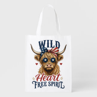 Wild Heart Free Spirit Patriotic Highland Cow Grocery Bag