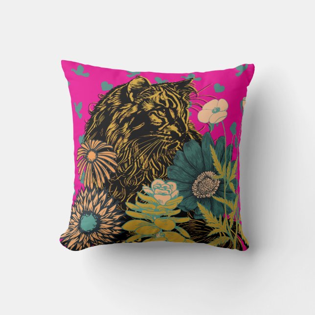 Wild Hearted Tiger Floral Throw Pillow (Front)