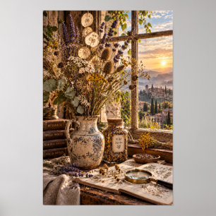 Wild Herb Botanical Still Life by Sunset Window Wa Poster