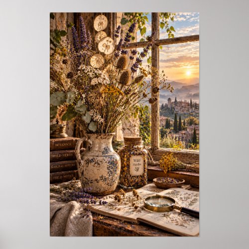 Wild Herb Botanical Still Life by Sunset Window Wa Poster