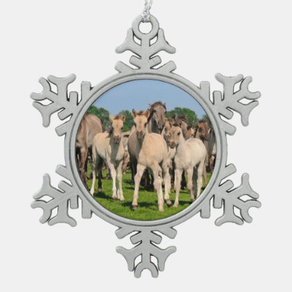 Wild Herd Grullo Colored Dulmen Horses Foals Photo Snowflake Pewter Christmas Ornament