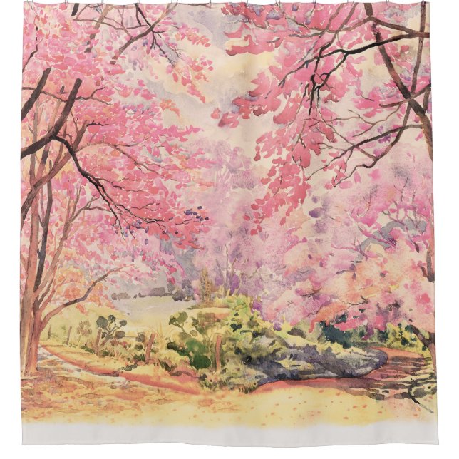 Wild Himalayan Cherry: Watercolor Landscape. Shower Curtain (Front)