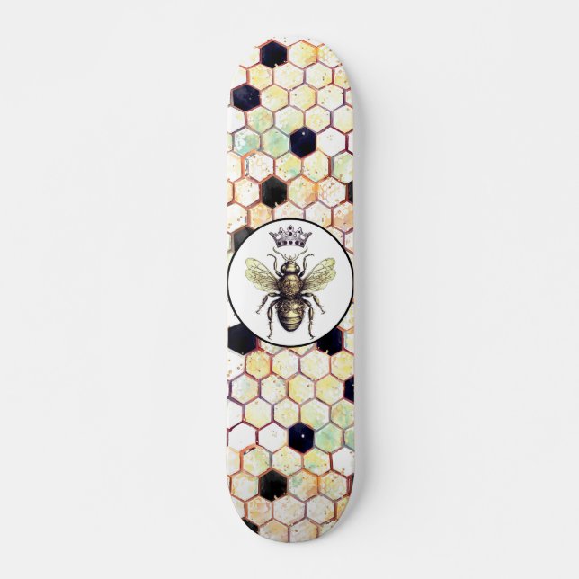 Wild Honeycomb Queen Bee Abstract Hexagon Pattern Skateboard (Front)