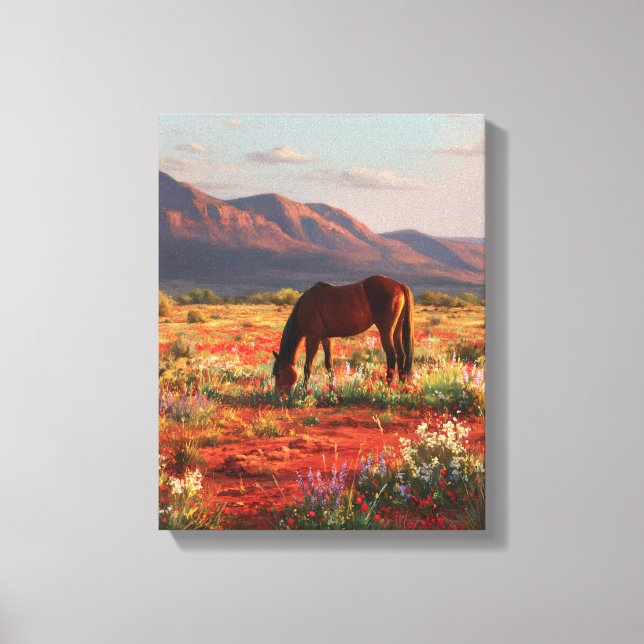 Wild Horse Blooming Desert Sunset Art Canvas Print (Front)